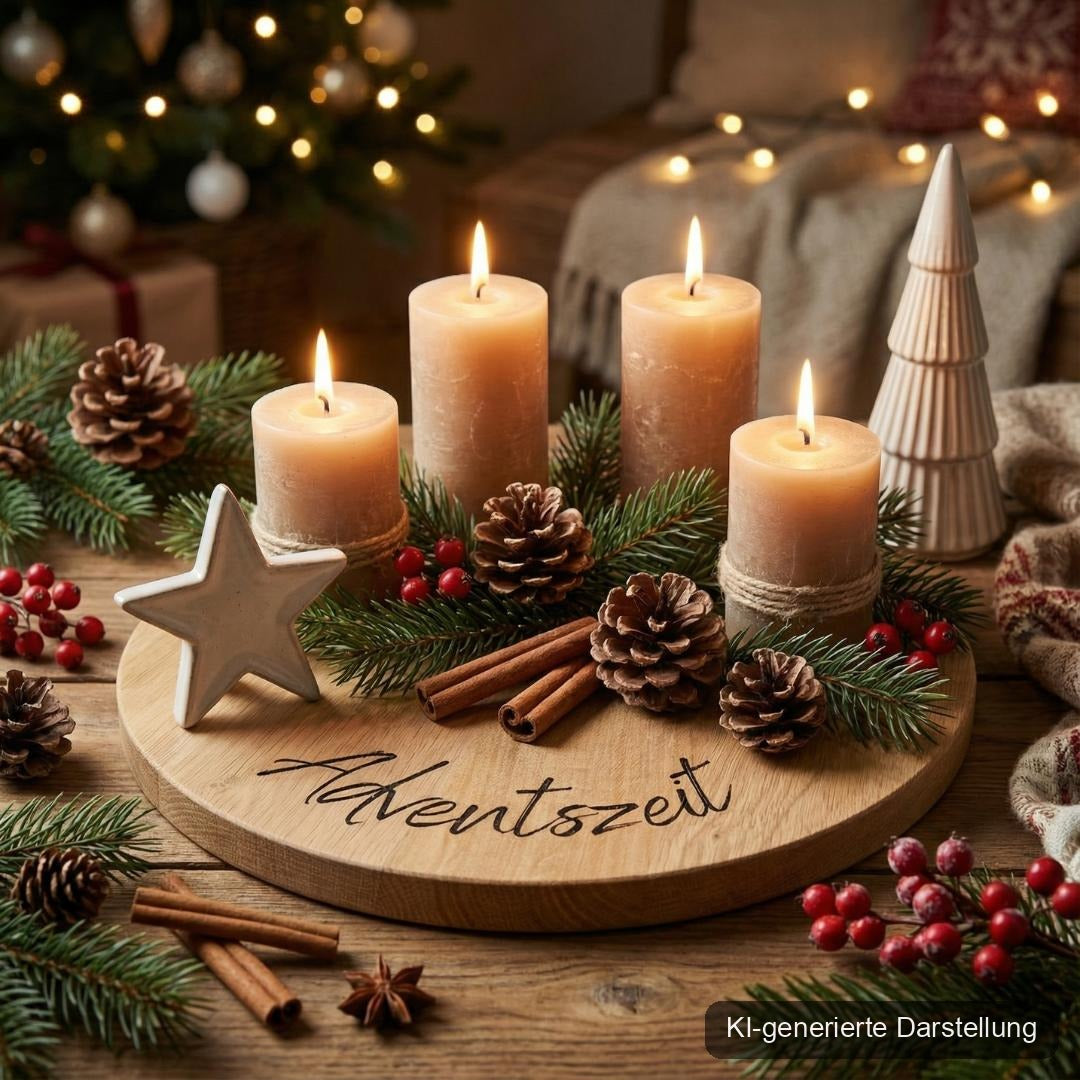 Adventskranz aus massiver Eiche  natürliche Weihnachtsdeko mit Gravur, KI-generierte Darstellung