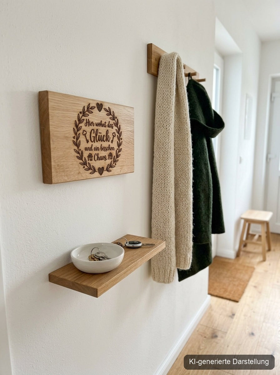 Holzschild 'Hier wohnt das Glück' · Wildeiche, KI-generierte Darstellung