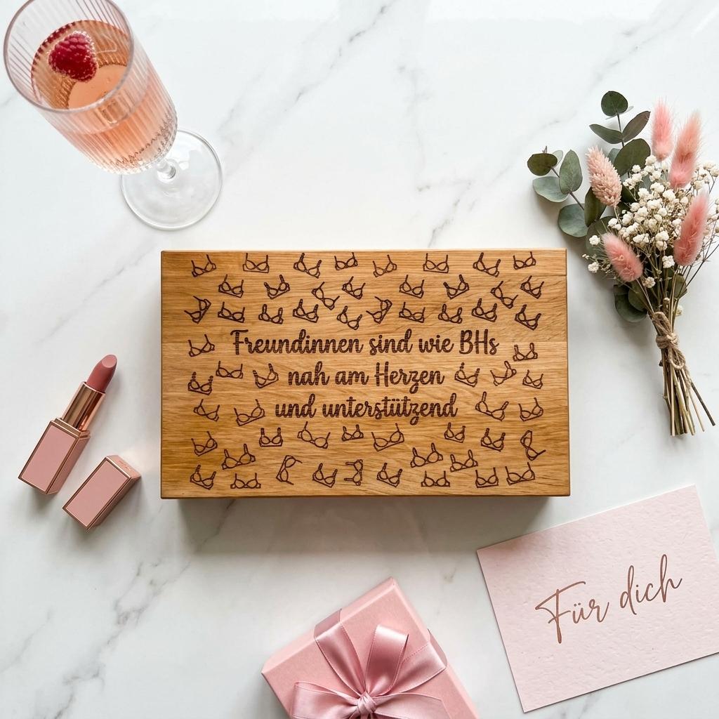 Geschenk Freundinnen wie BHs Holzschild geölt Flatlay Prosecco