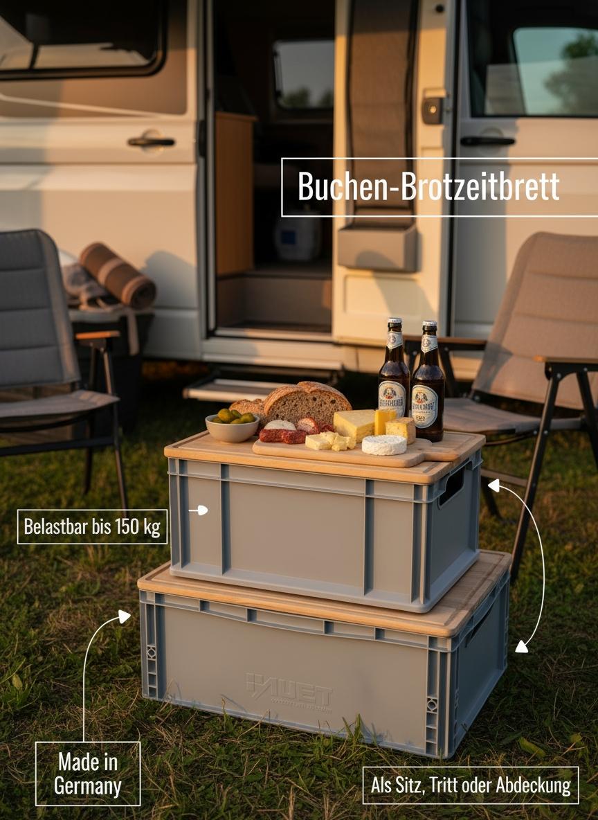 Brotzeitbrett und Eurobox Deckel aus Buche, Sitz, Tisch und Schneidebrett