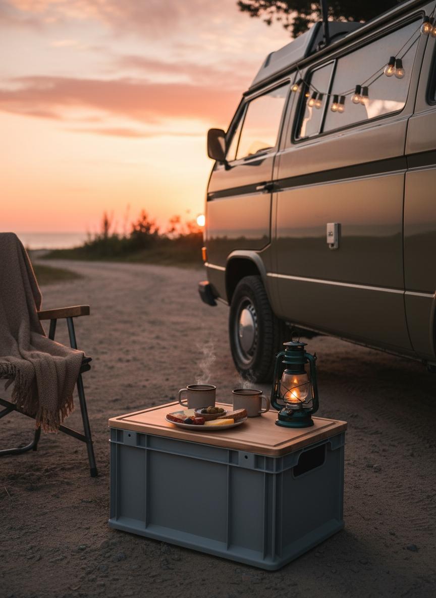 Brotzeitbrett und Eurobox Deckel aus Buche, Sitz, Tisch und Schneidebrett