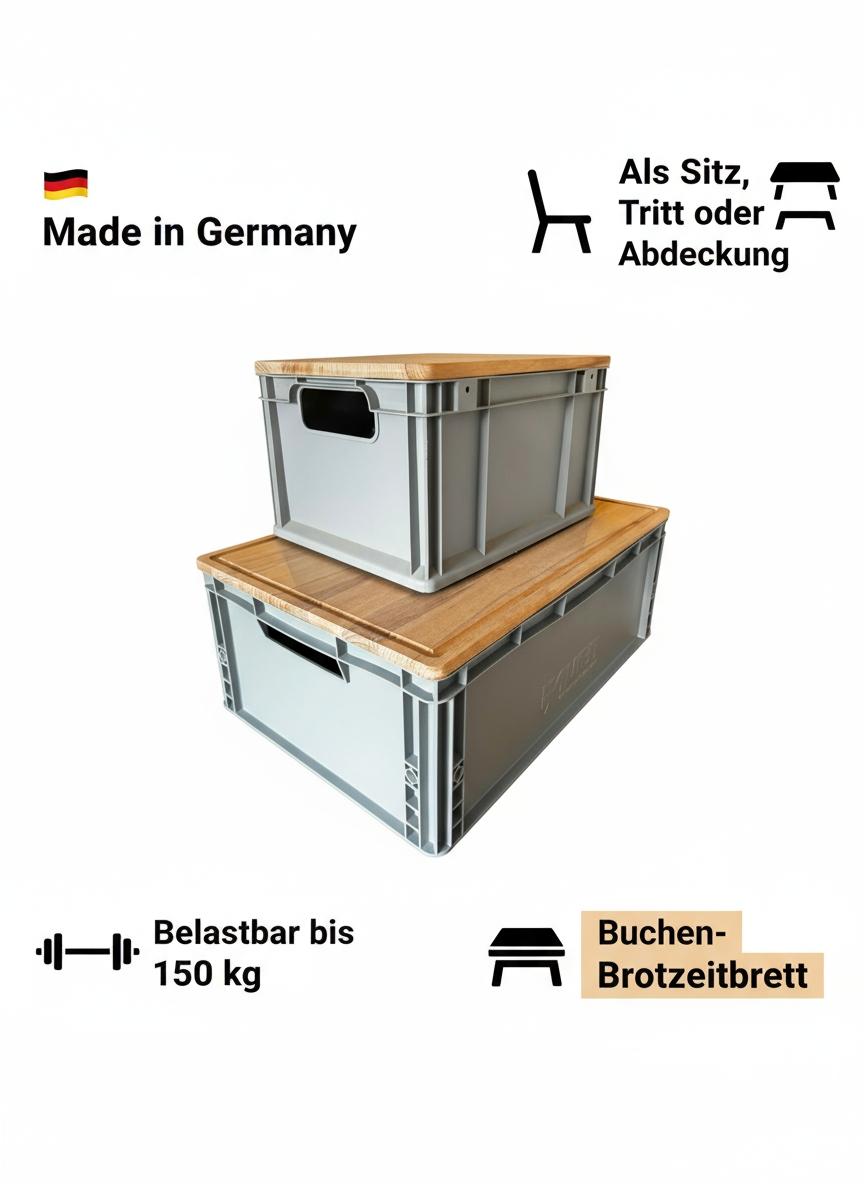 Brotzeitbrett und Eurobox Deckel aus Buche, Sitz, Tisch und Schneidebrett