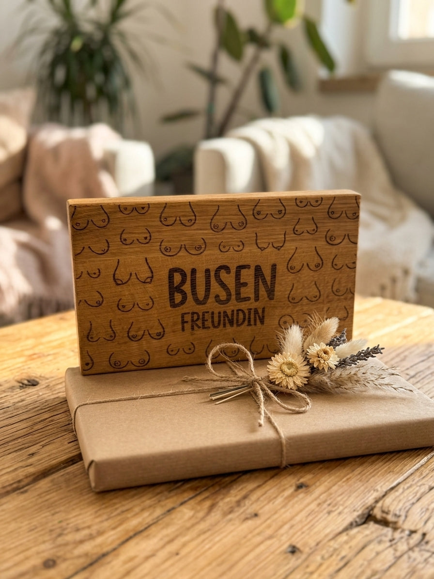 Holzschild Busen Freundin als Geburtstagsgeschenk in Geschenkbox