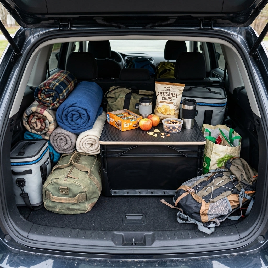 Eurobox-Deckel Hexagon als Camping-Tisch im SUV-Kofferraum