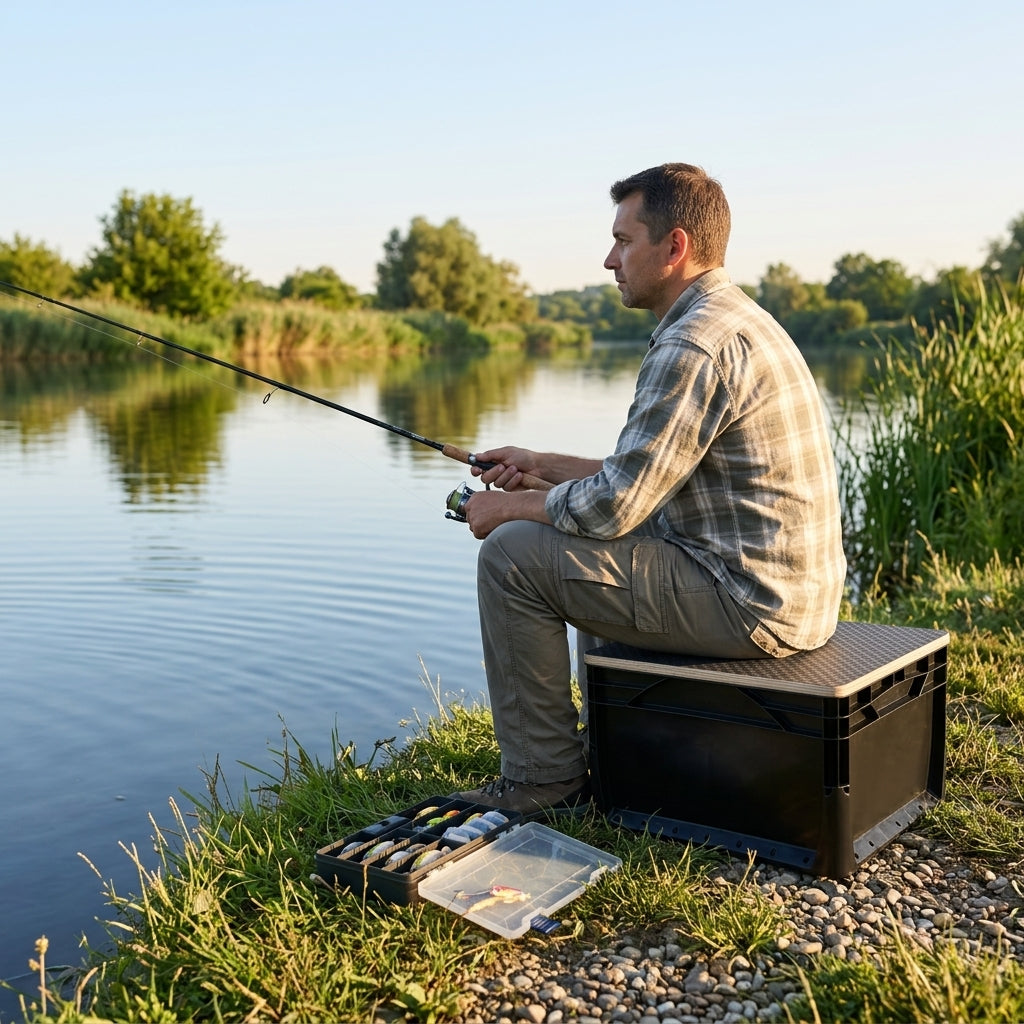 Eurobox-Deckel Hexagon als Sitz beim Angeln am Fluss