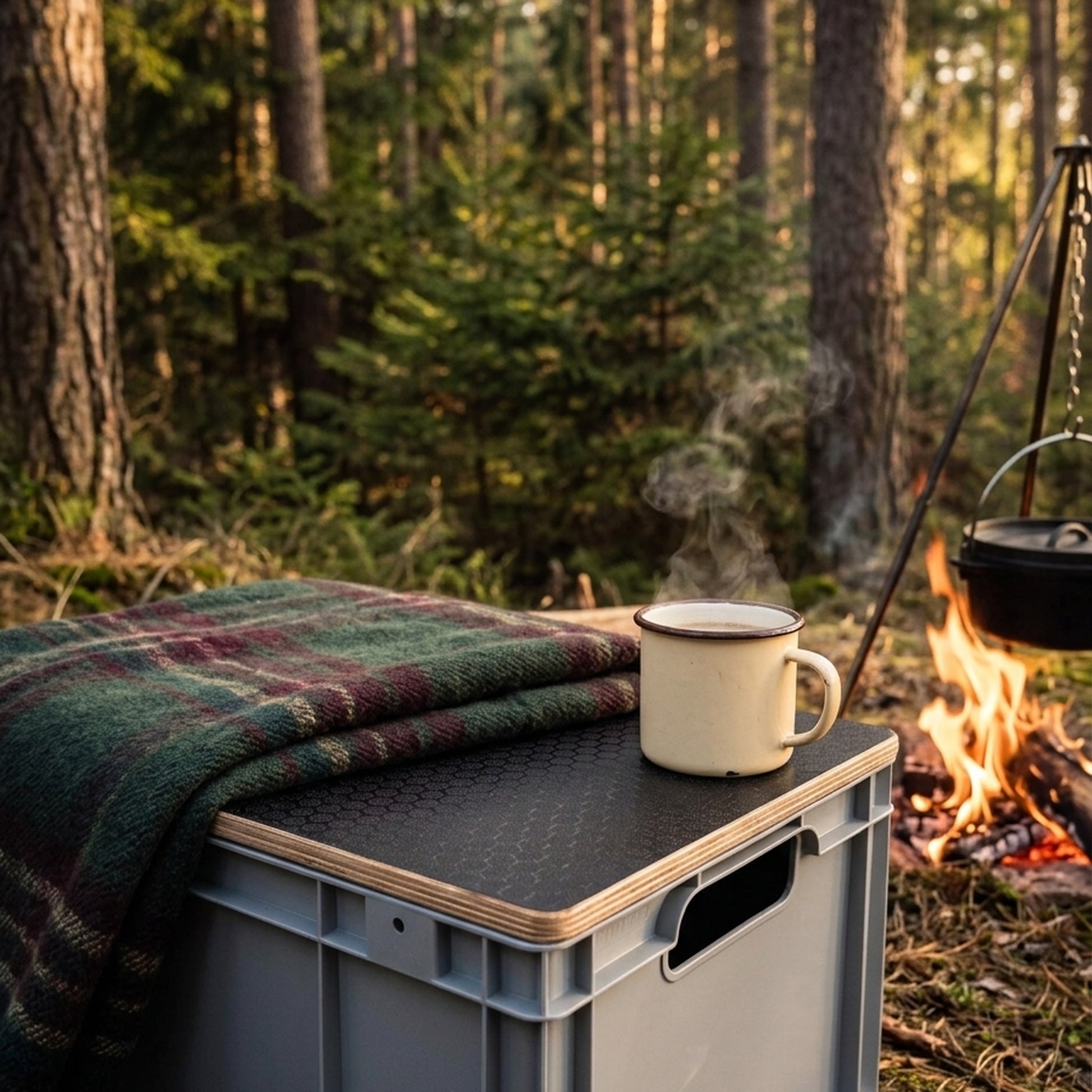Eurobox-Deckel Hexagon als Sitz am Lagerfeuer im Wald