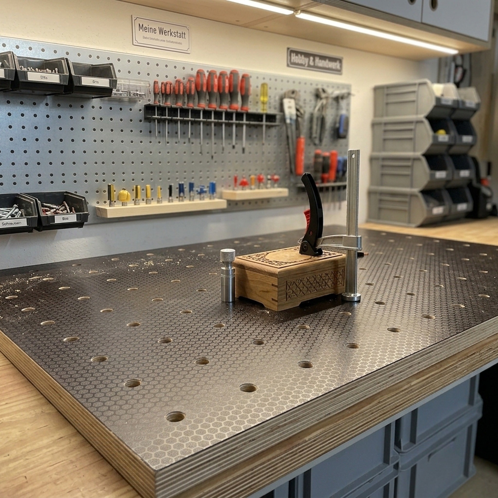 Lochrasterplatte in der Hobby-Werkstatt mit Pegboard