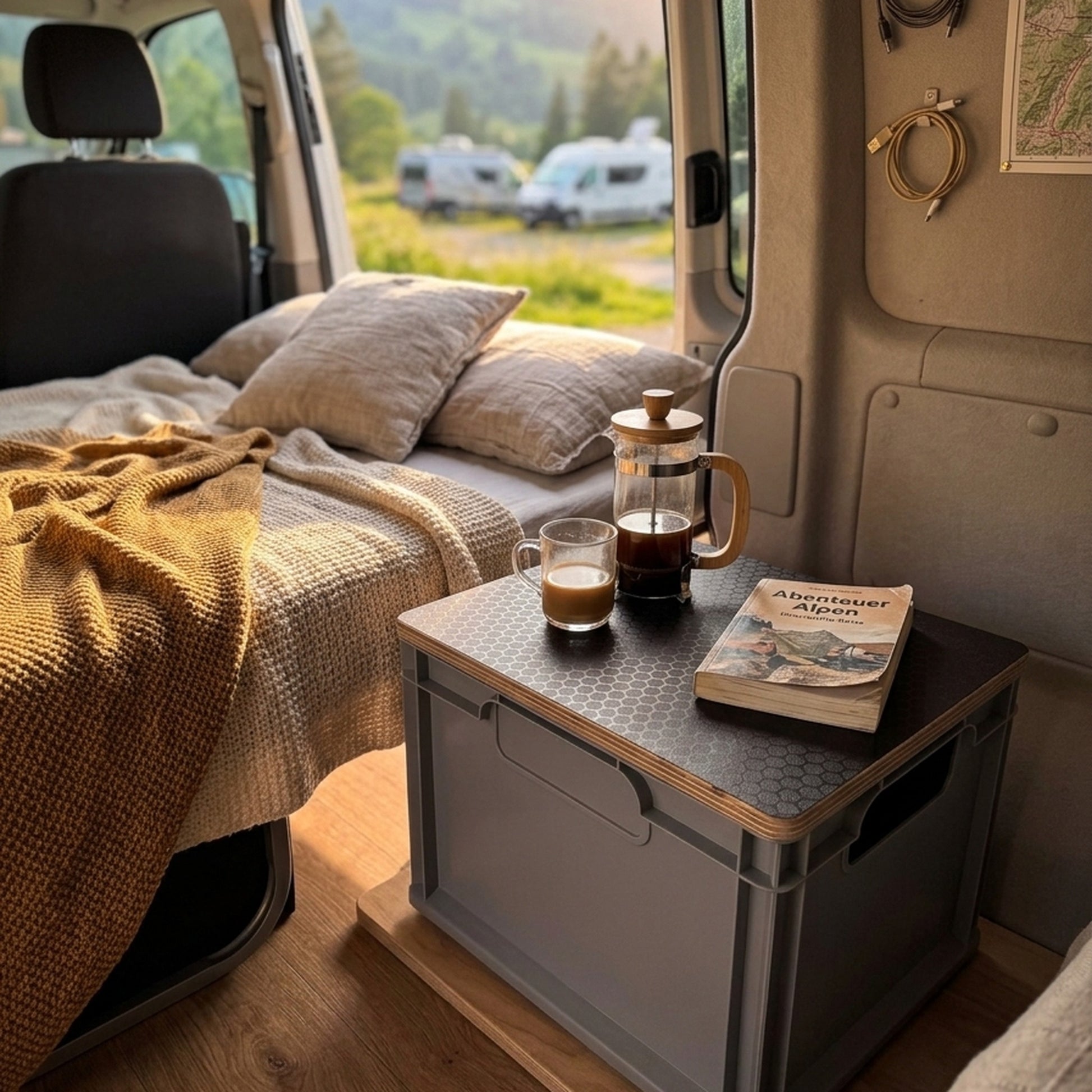 Eurobox-Deckel Hexagon im Camper-Van mit Kaffee