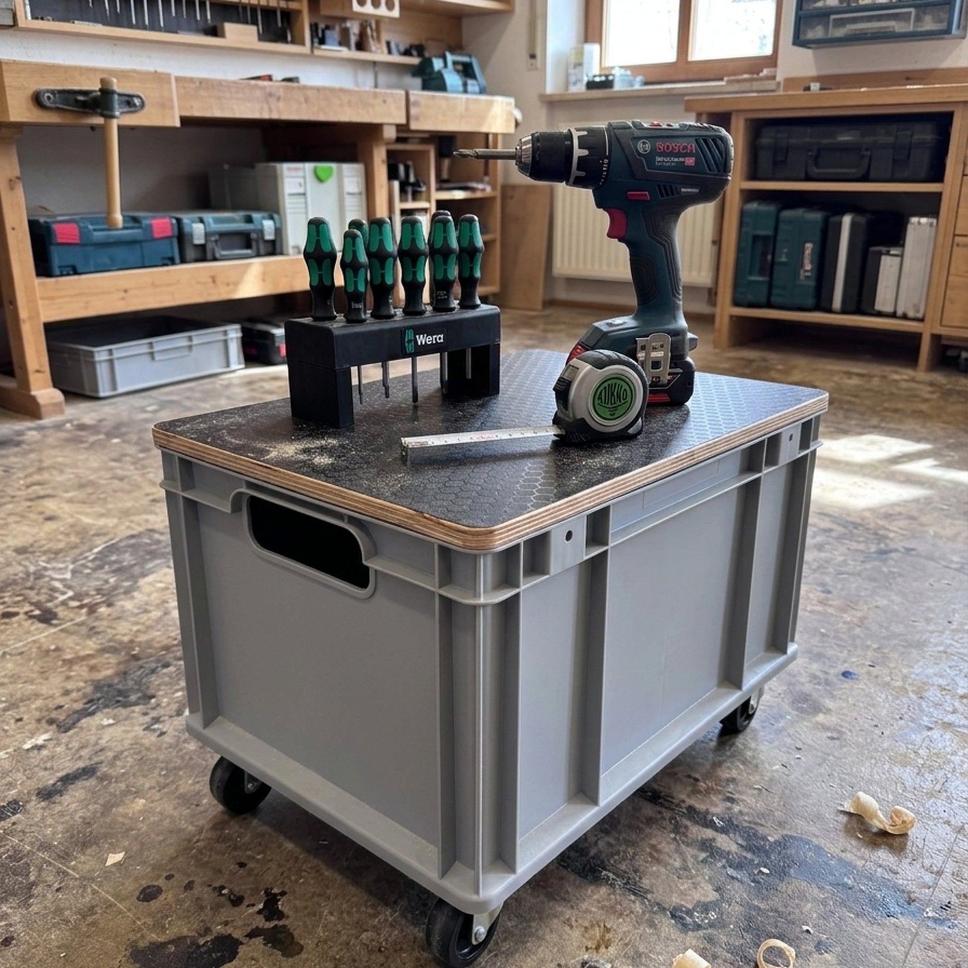 Eurobox-Deckel Hexagon als mobile Werkbank
