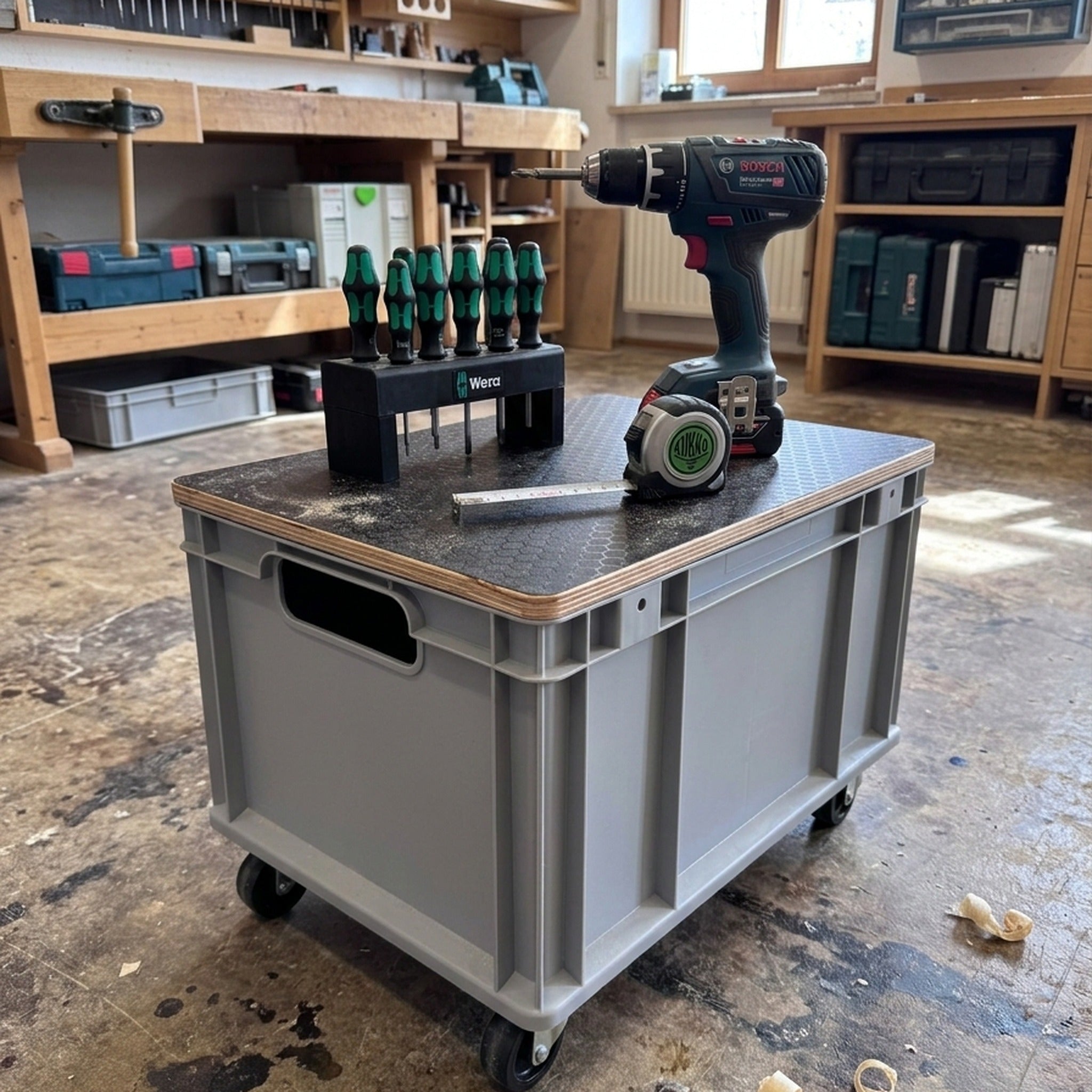 Eurobox-Deckel Hexagon als mobile Werkbank