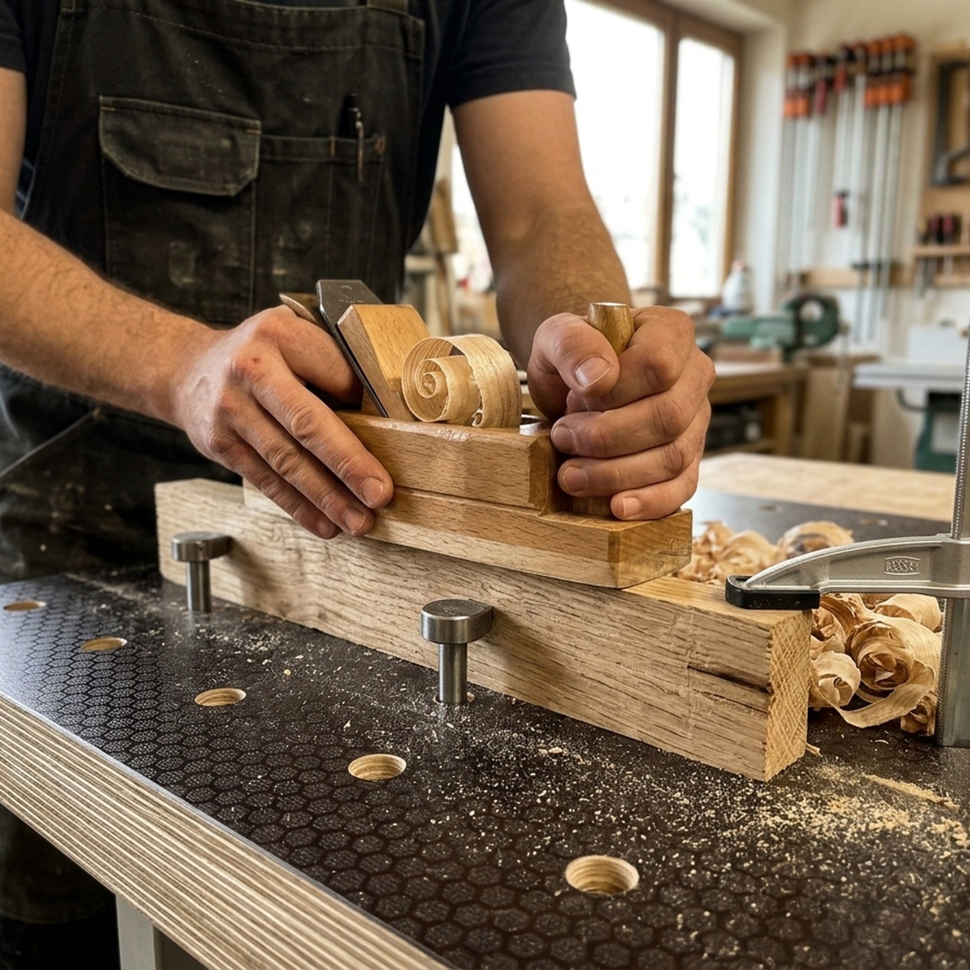 Handwerker hobelt Eiche auf Lochrasterplatte Hexagon
