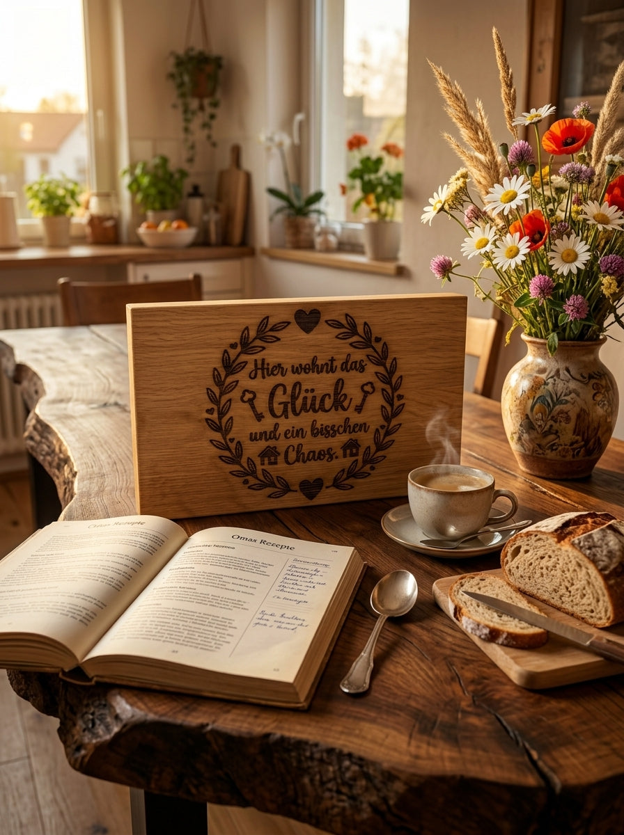Holzschild Hier wohnt das Glück auf dem Esstisch mit Kaffee Brot und Blumen