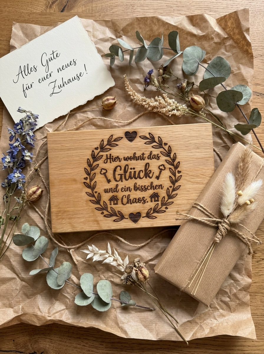 Holzschild Hier wohnt das Glück als Einzugsgeschenk Flatlay mit Grußkarte
