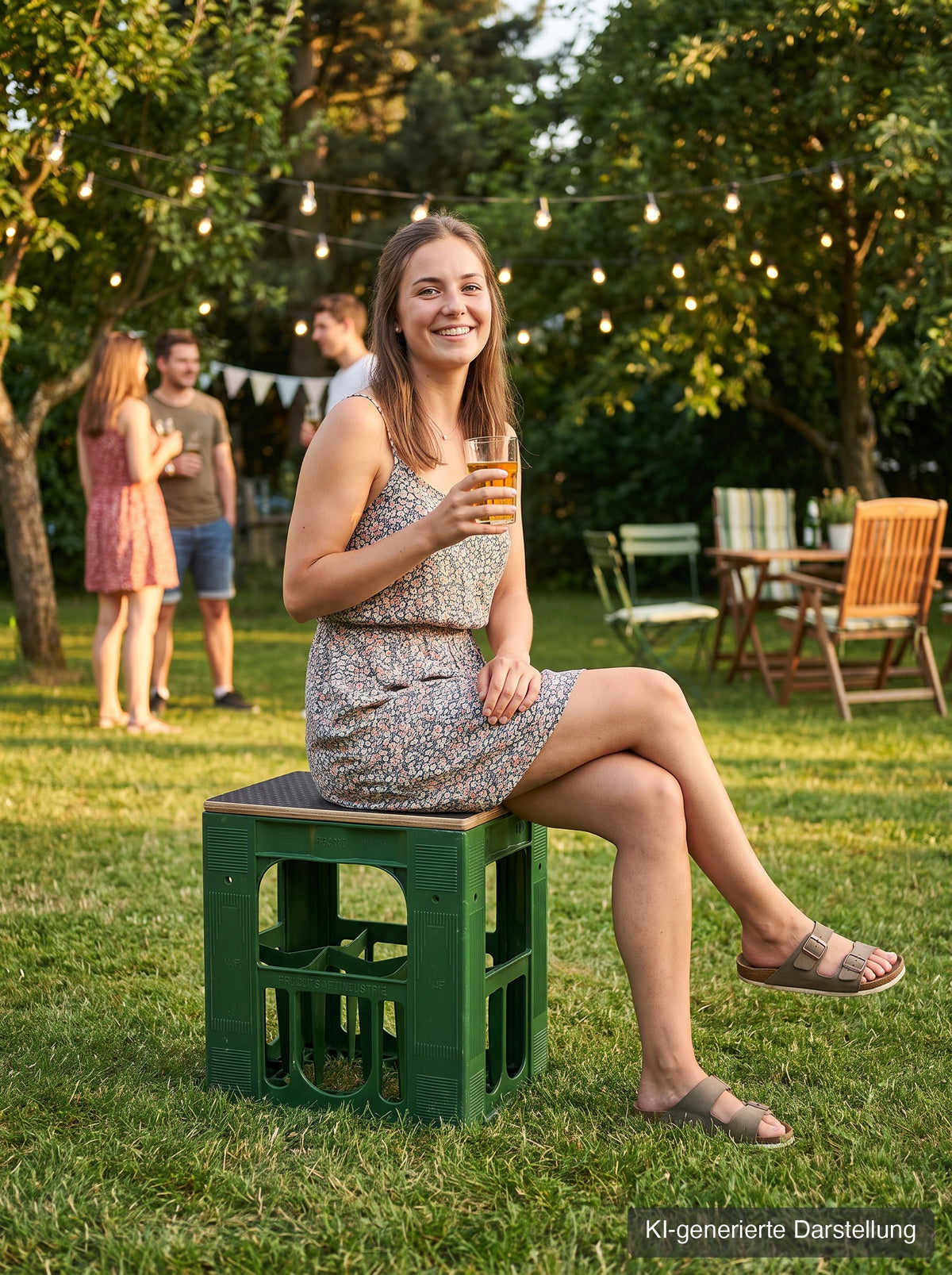 VdF-Kastensitz mit Hexagon-Deckel als Sitz bei der Gartenparty