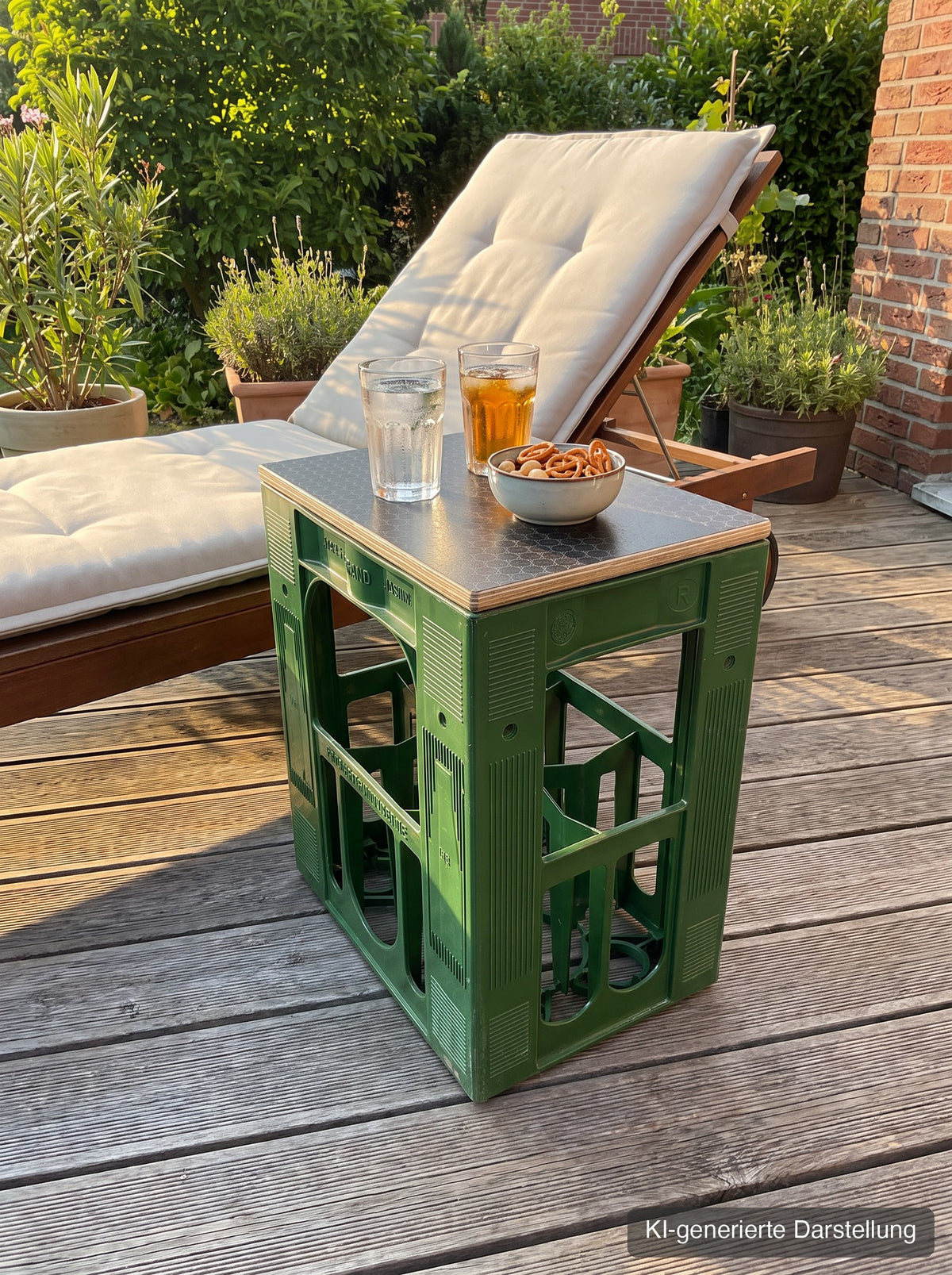 VdF-Kastensitz mit Hexagon-Deckel als Beistelltisch auf der Terrasse
