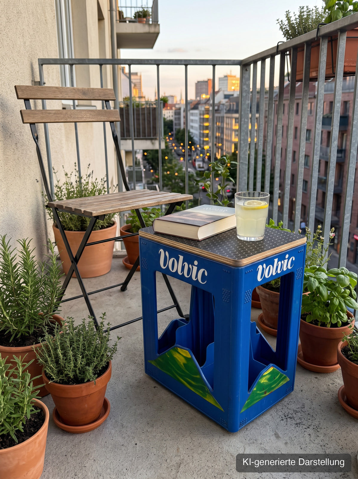 Volvic-Kastensitz mit Hexagon-Deckel als Beistelltisch auf dem Balkon