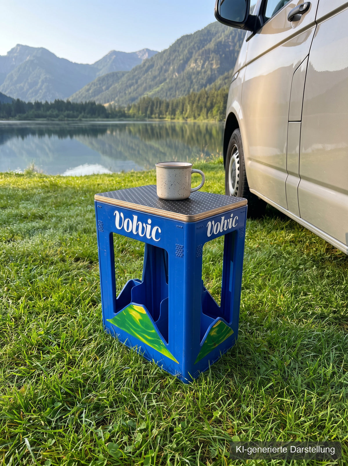 Volvic-Kastensitz mit Hexagon-Deckel beim Camping am See