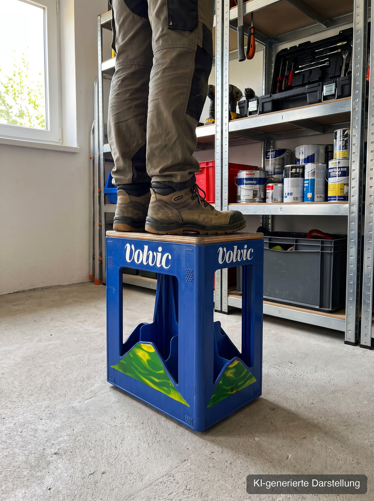 Volvic-Kastensitz mit Hexagon-Deckel als Tritt in der Garage