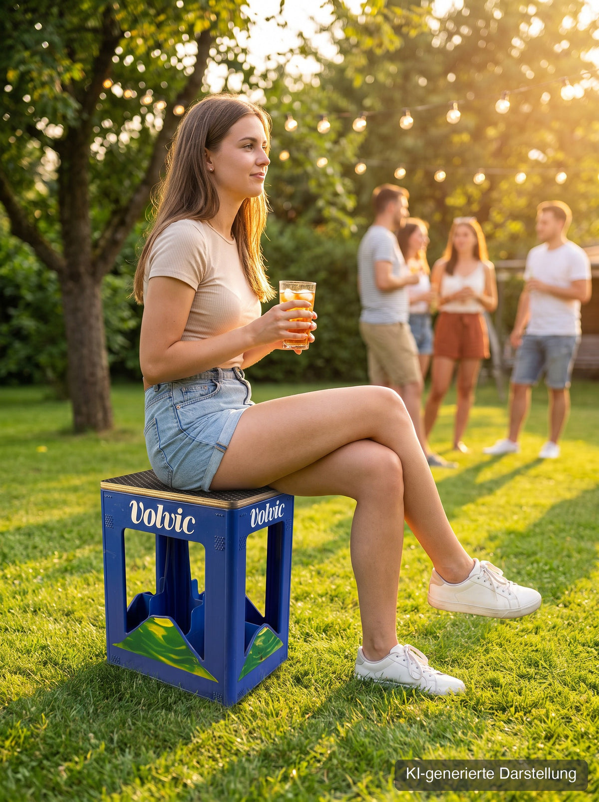 Volvic-Kastensitz mit Hexagon-Deckel als Sitz bei der Gartenparty