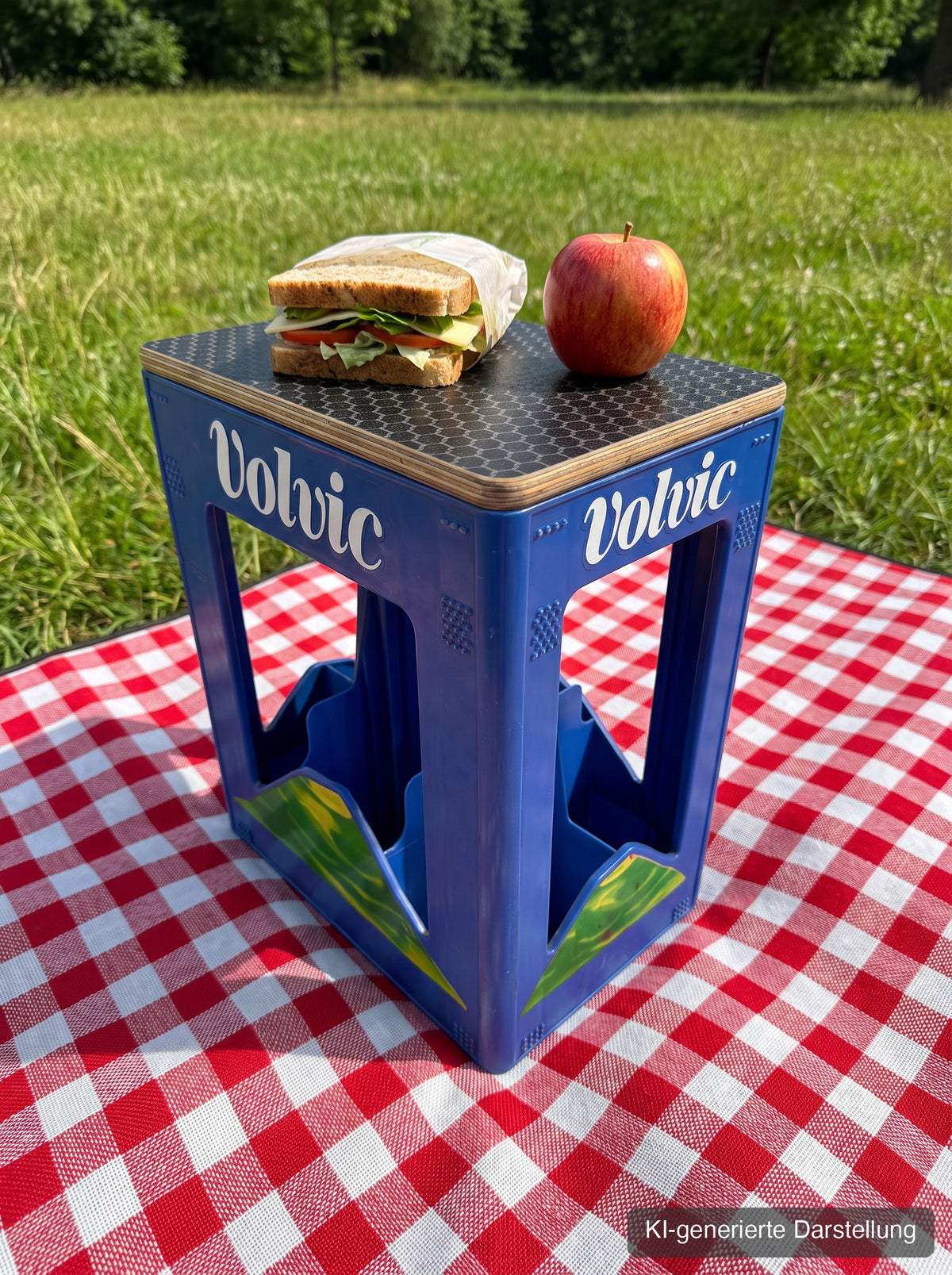 Volvic-Kastensitz mit Hexagon-Deckel als Picknicktisch im Park