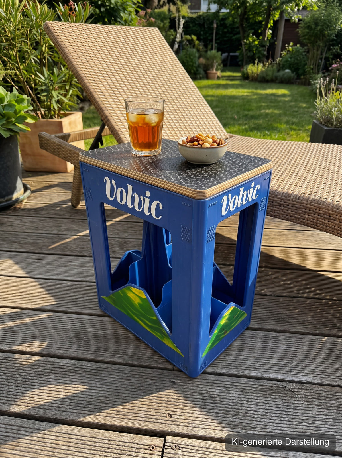 Volvic-Kastensitz mit Hexagon-Deckel als Beistelltisch auf der Terrasse