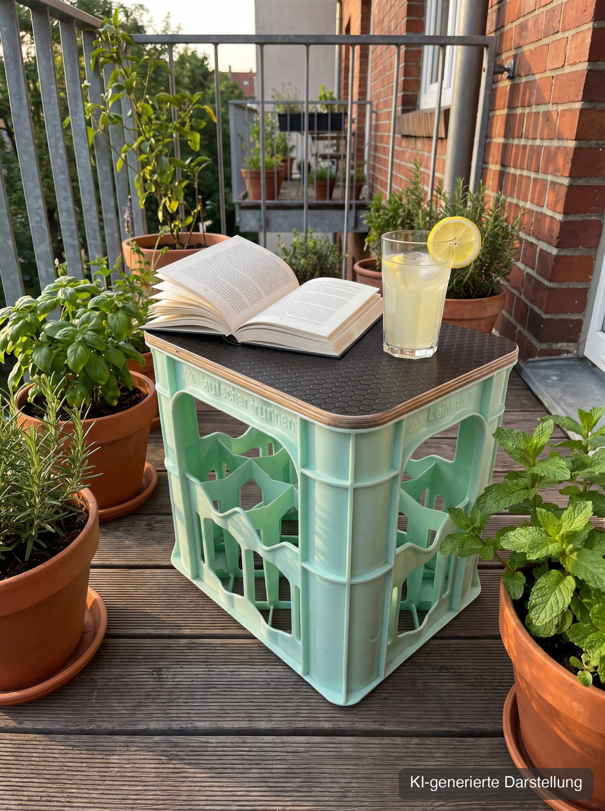 Wasserkastensitz mit Hexagon-Deckel als Beistelltisch auf dem Balkon