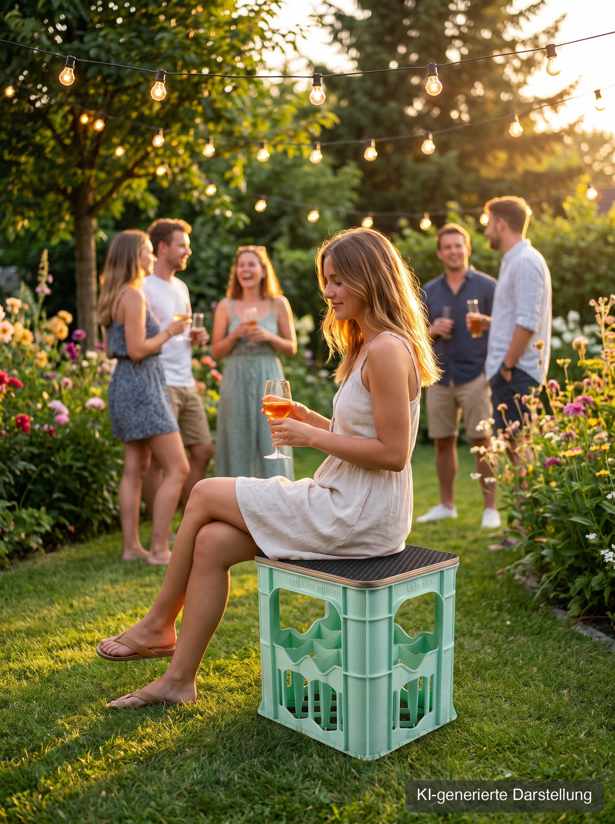 Wasserkastensitz mit Hexagon-Deckel als Sitz bei der Gartenparty