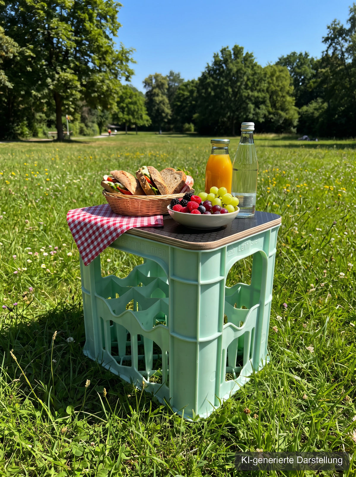 Wasserkastensitz mit Hexagon-Deckel als Picknicktisch im Park