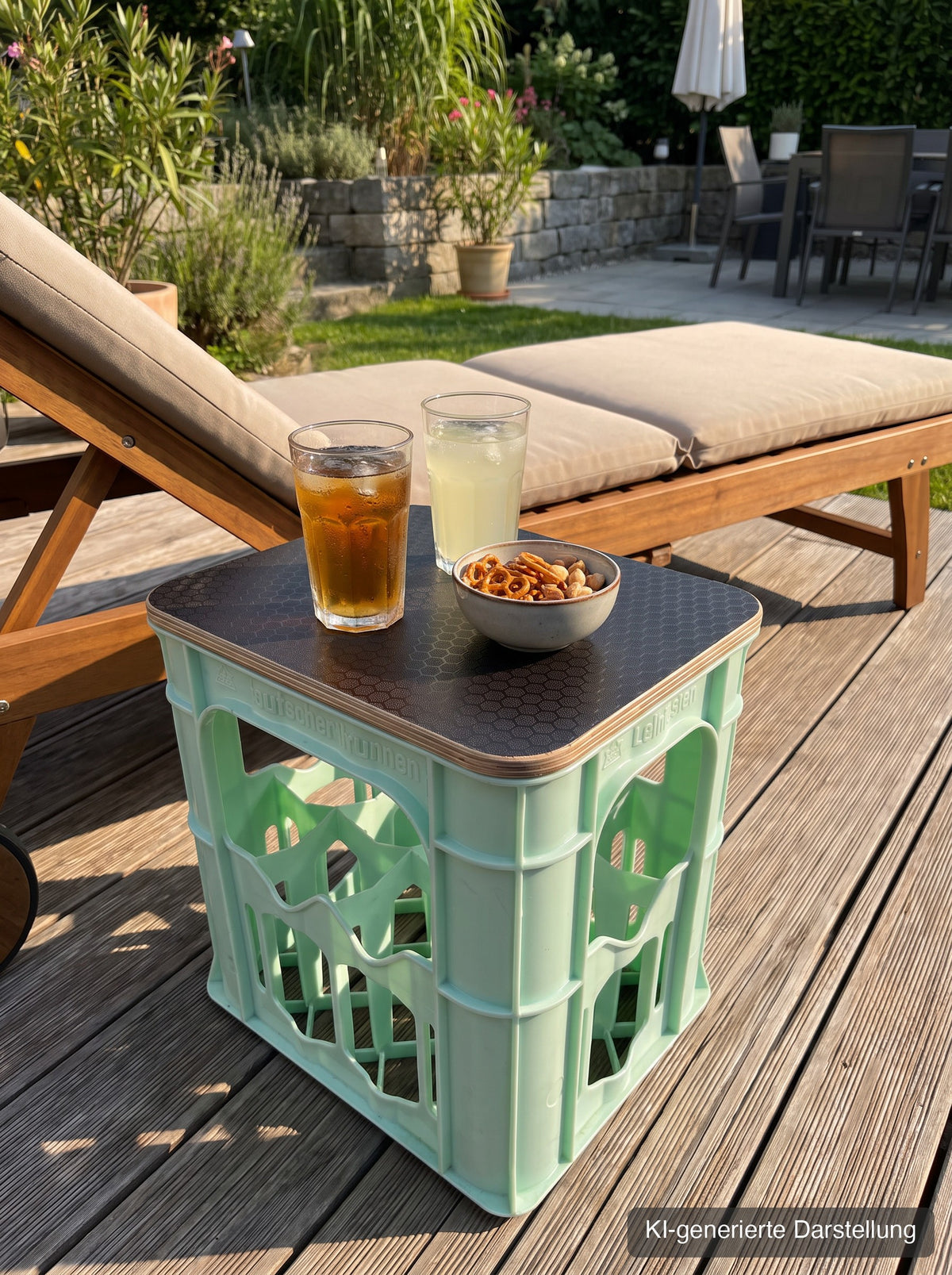 Wasserkastensitz mit Hexagon-Deckel als Beistelltisch auf der Terrasse