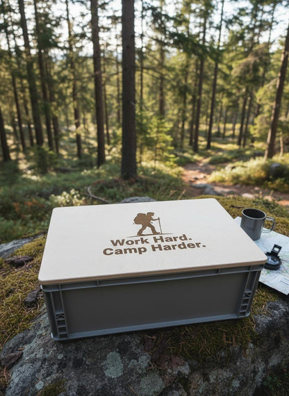 Eurobox Deckel Multiplex Birke 18mm, personalisierbar mit eigenem Logo und Schriftzug, Lasergravur, Camping Zubehör, Camping Geschenk