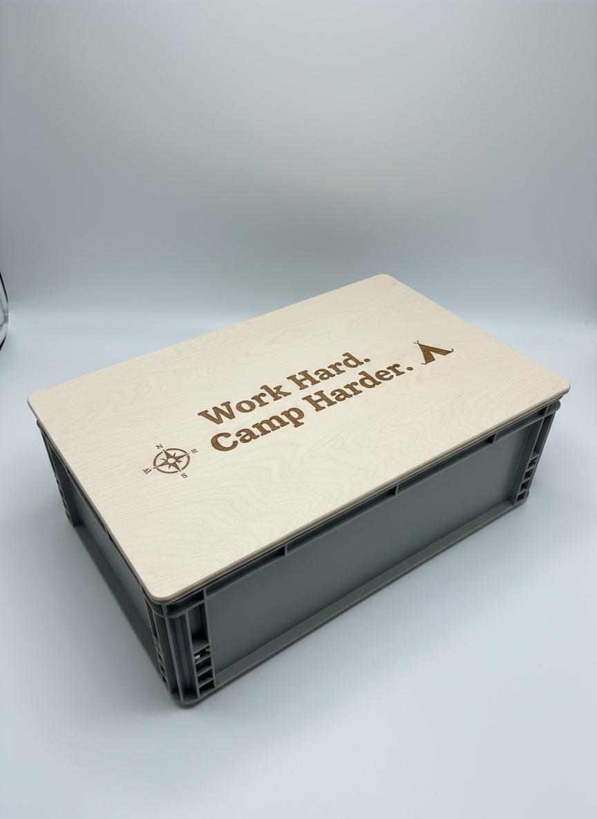 Eurobox Deckel Multiplex Birke 18mm, personalisierbar mit eigenem Logo und Schriftzug, Lasergravur, Camping Zubehör, Camping Geschenk