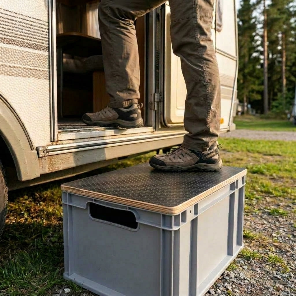 Als stabiler Tritt vor Wohnwagen oder Camper: draufstellen, einsteigen, fertig.