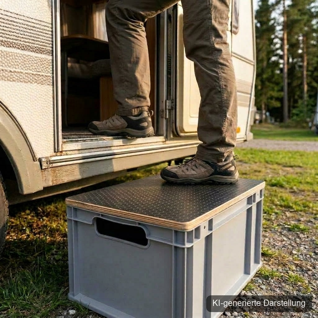Als stabiler Tritt vor Wohnwagen oder Camper: draufstellen, einsteigen, fertig.