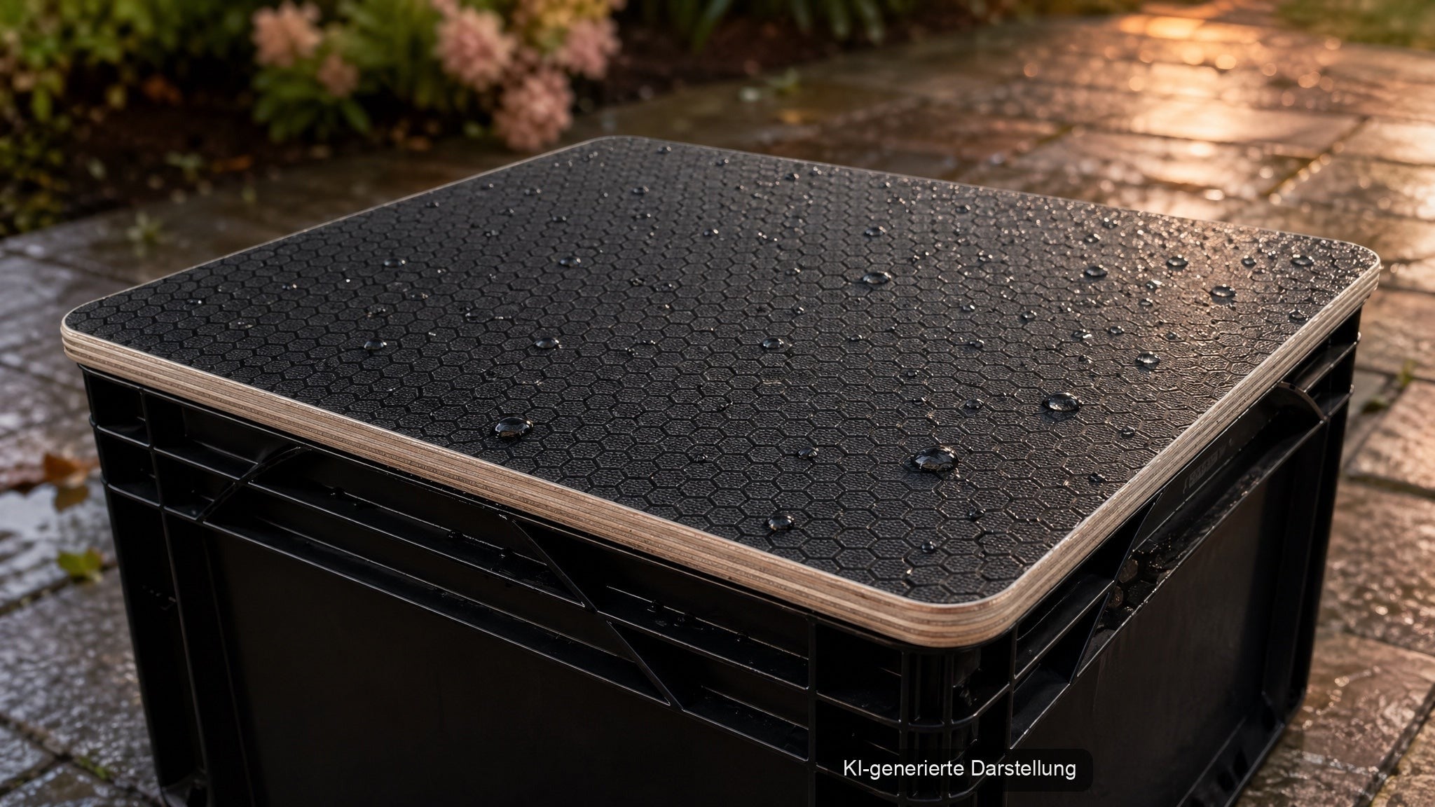 Wassertropfen perlen ab — nach Regen oder Tau einfach trocken abwischen.